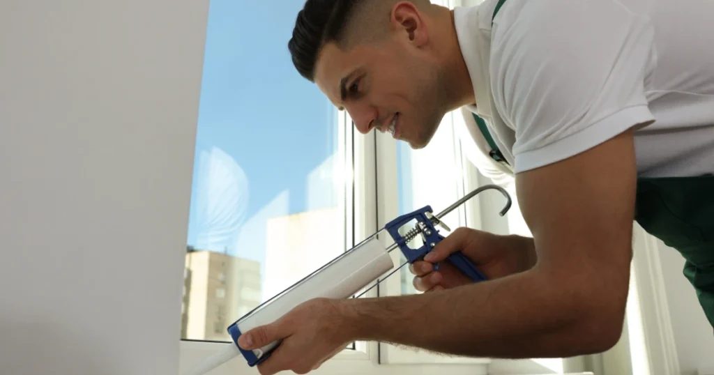 a man sealing draft with a caulk paste