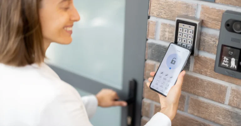 a modern front door with a smart doorbell camera and lock keypad